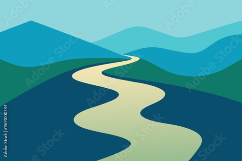   flat design of a river delta winding through 