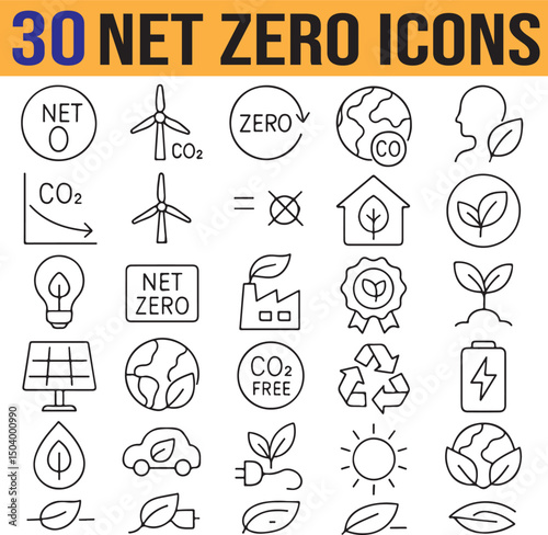 set of Net zero line vector icons collection, recyclable, organic, solar energy icons, Editable stroke, Wind Power, Renewable Energy, Hydrogen, Hydroelectric Power, Green Technology.