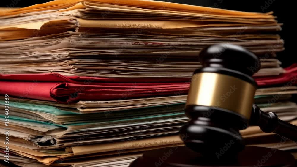 Wooden gavel rests beside large stack of legal documents and paper files on a dark oak table, suggesting law, legal work and legislation.