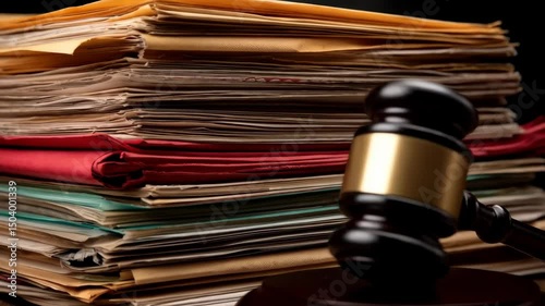 Wallpaper Mural Wooden gavel rests beside large stack of legal documents and paper files on a dark oak table, suggesting law, legal work and legislation. Torontodigital.ca