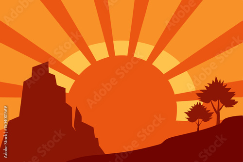 warm orange sunburst behind rocky cliffs 