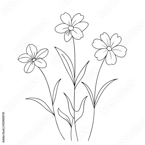 Black outlined daisy flowers and leaves create a simple and minimalist monochrome bouquet bloom