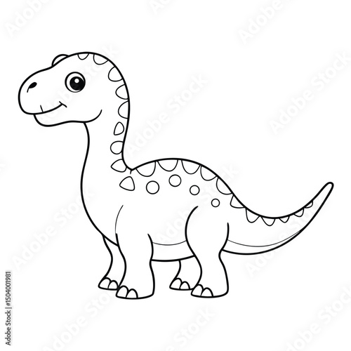 Cartoon apatosaurus stands in black and white with a gentle smile on its face