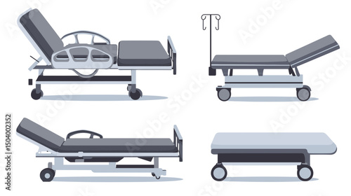 Collection of Hospital Medical Beds in Various Positions for Patient Care and Treatment