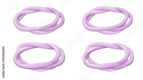 Collection of Intertwined Purple Rubber Bands Arranged on a White Background in Various Shapes