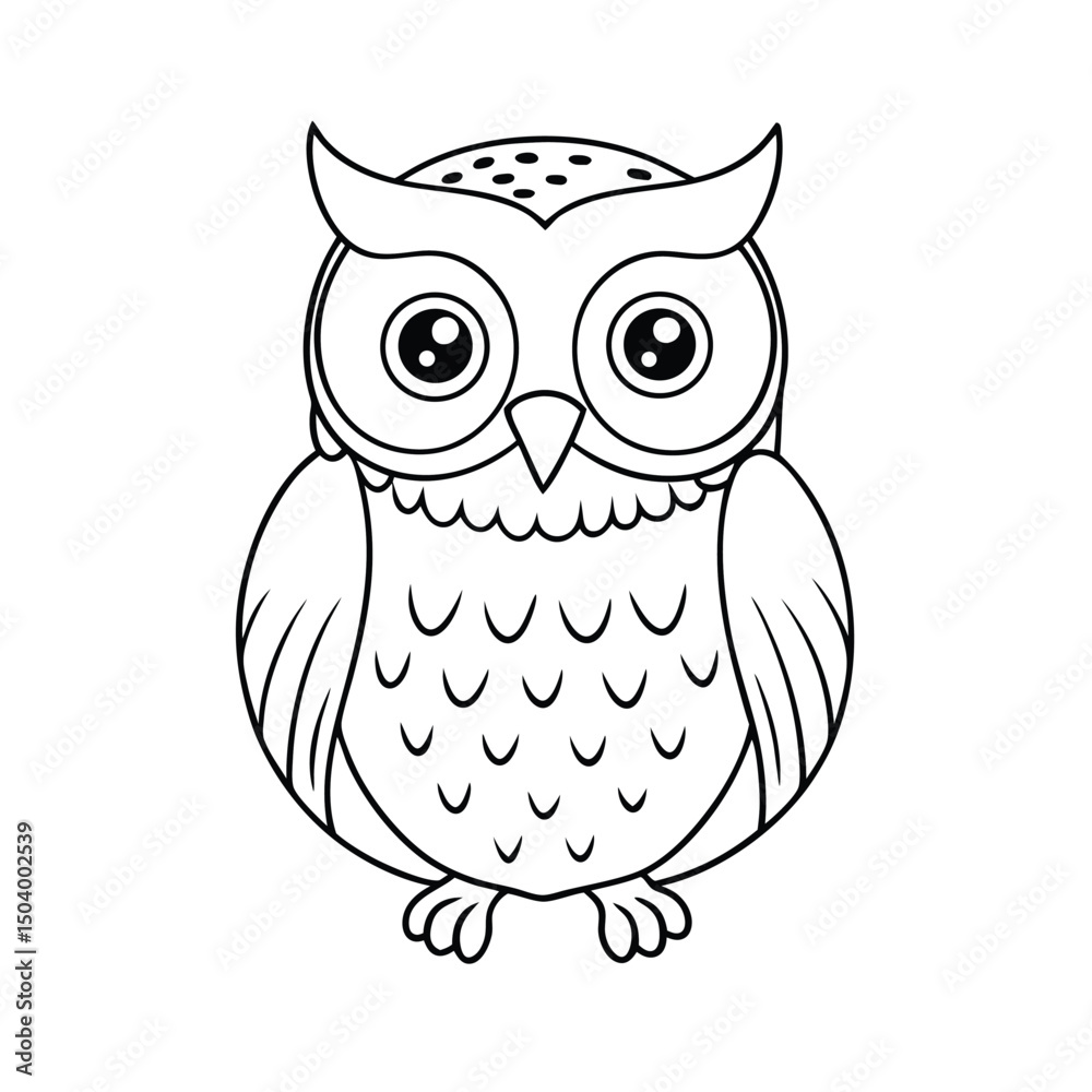 Fototapeta premium Cartoon owl outlined in black shows an owl sitting on a white background