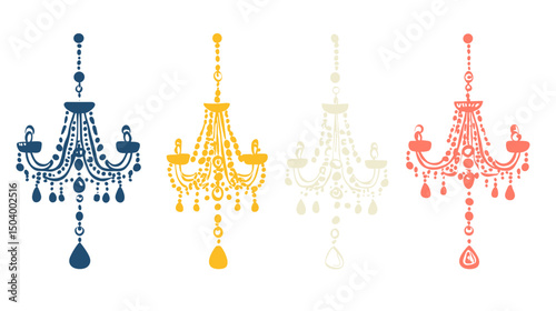 Collection of Ornate Chandeliers in Various Colors Displayed on a White Background
