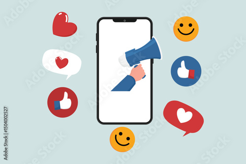 Internet users who like social media, like or give positive feedback remotely. Megaphone with positive thumbs up symbol, like.