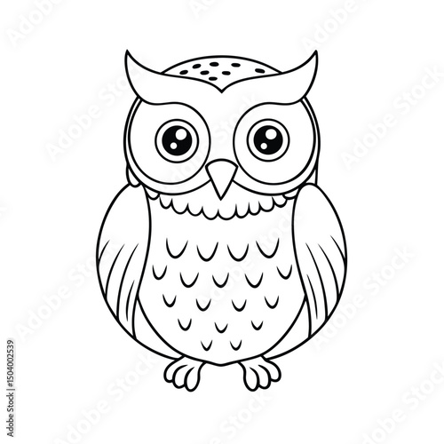 Cartoon owl outlined in black shows an owl sitting on a white background