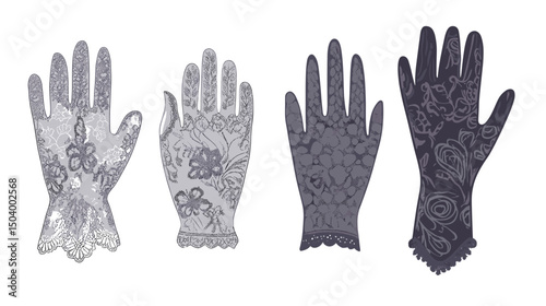 Collection of Ornate Gloves in Various Shades of Black and Gray with Intricate Floral Patterns