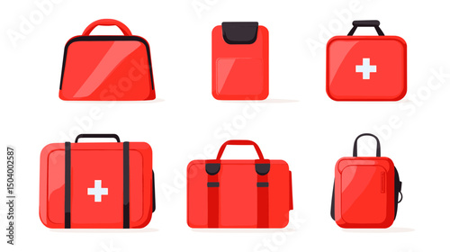 Collection of Red First Aid Kits and Medical Bags in Various Shapes and Styles for Emergencies