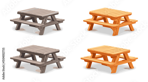 Collection of Stylish Wooden Picnic Tables in Orange and Gray for Outdoor Leisure and Recreation