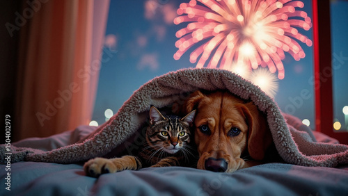 A high-resolution stock photo of a trembling golden retriever and a wide-eyed tabby cat cowering under a blanket during fireworks, ideal for pet safety campaigns.