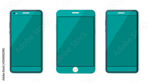 Collection of Three Modern Smartphones Displayed in Vibrant Teal Colors on a White Background