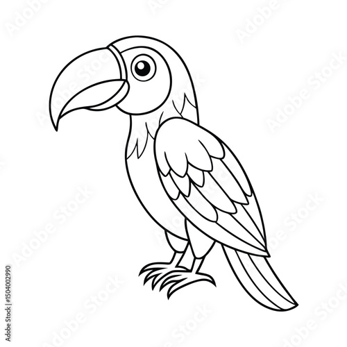 Cartoon toucan stands facing left; its simple black lines invite a creative coloring adventure