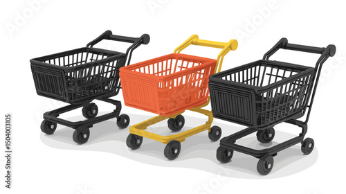 Collection of Three Shopping Carts in Different Colors: Black, Orange, and Yellow, on White Background