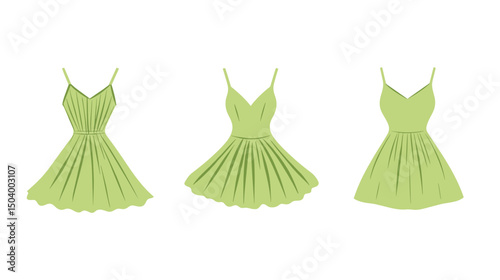 Collection of Three Stylish Green Dresses with Flared Skirts and Spaghetti Straps