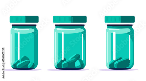 Collection of Three Transparent Jars with Green Lids Containing Colorful Stones on White Background