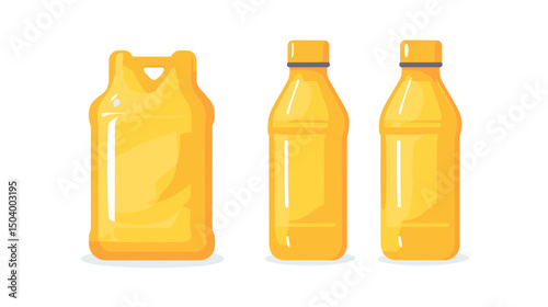 Collection of Three Yellow Bottles and Container for Liquid in Modern Minimalist Design