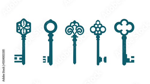 Collection of Vintage Keys in Various Shapes and Designs on a Solid Background