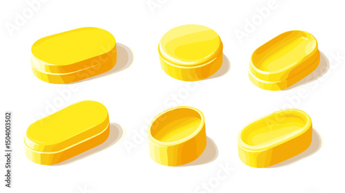 Collection of Yellow Capsules and Pills in Various Shapes Arranged on a White Background