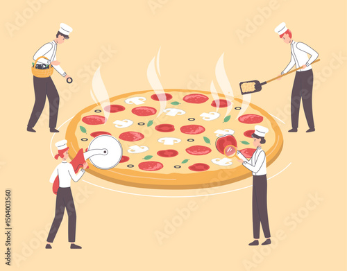 Cartoon Color Tiny Characters People and Pepperoni Pizza Concept Flat Design Style. Vector illustration of Tasty Italian Fast Food