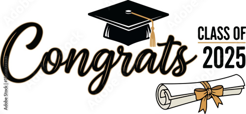 "Congrats" in black cursive with gold accents is paired with a graduation cap, "CLASS OF 2025" in  font, and a rolled diploma tied with a gold ribbon on a clean white background.
