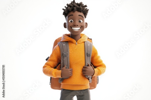 Happy 3D Black boy student holding backpack