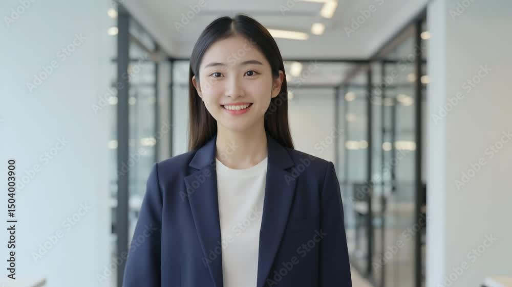 オフィスを笑顔で歩く若い日本人女性