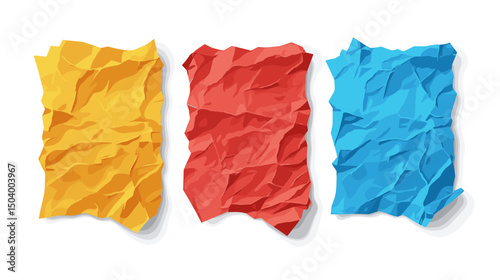 Crumpled Paper Textures in Yellow, Red, and Blue Against a White Background for Creative Designs