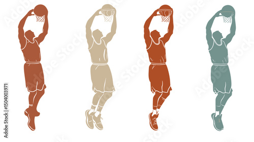 Stylized Silhouette Series of a Male Basketball Player Performing a Dunk in Dynamic Action Sequence