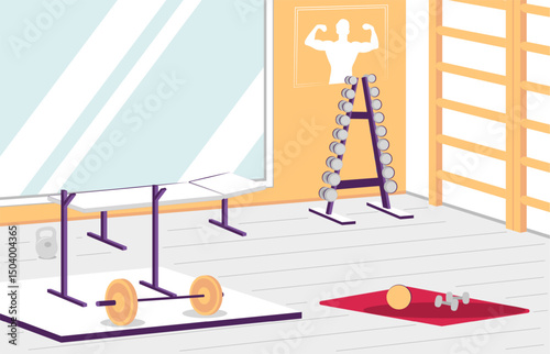 Cartoon Color Gym Interior Inside with Different Types Sports Gear for Bodybuilding Training Concept. Vector illustration