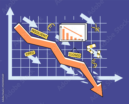 Cartoon Color Economic Decline Chart Crisis Concept Flat Design Style and Line Elements. Vector illustration of Financial Failure
