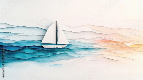 Digital illustration of a sailboat in the ocean. the boat is white with a white sail and is sailing on the water.