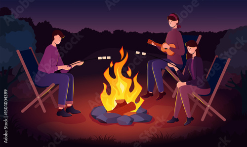 Cartoon Color Characters Friends Sit Around a Night Campfire Concept Flat Design Style. Vector illustration of Roasting Marshmallows on Branches