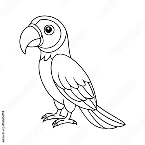 Line art of a bold parrot stands gracefully with detailed features and sharp feet