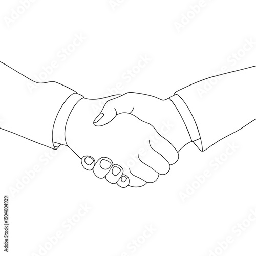 Line artwork depicts two businessmen dressed in suit jackets shaking hands firmly together