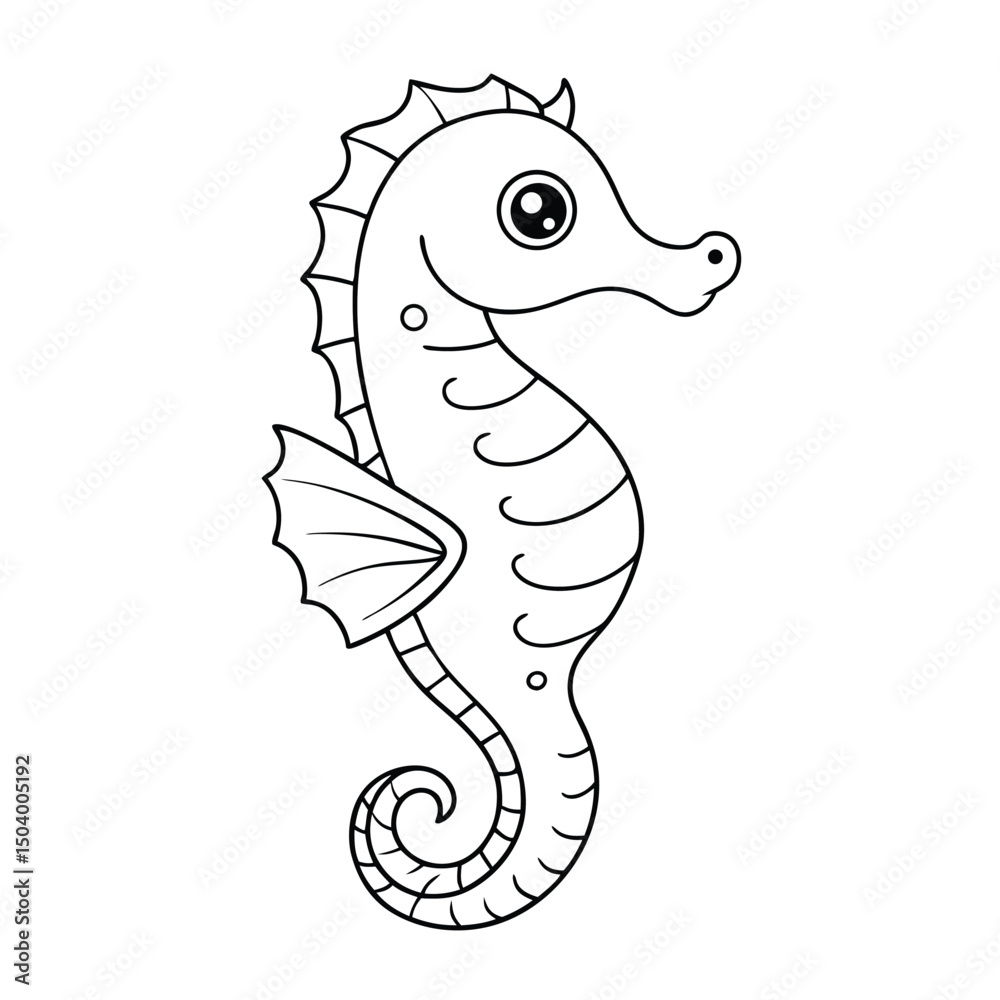 Fototapeta premium Linear drawing shows a stylized seahorse with cute face and curled tail looking right