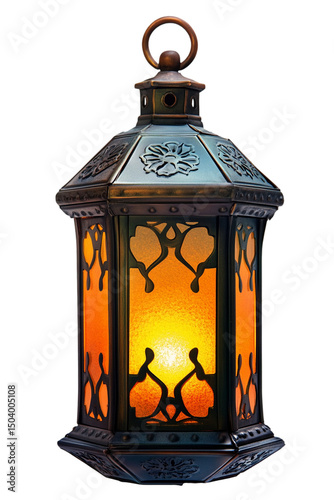 Elegant antique metal lantern with warm orange glass panels old home lamp on transparent background