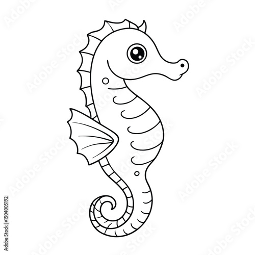 Linear drawing shows a stylized seahorse with cute face and curled tail looking right