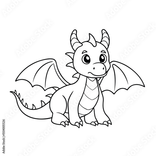 Outline artwork displays charming cartoon dragon sitting calmly with small horns and wings