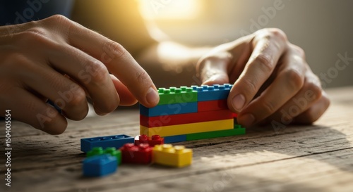 Hands of a person assembling colorful building blocks on a wooden table, showcasing creativity and focus in a playful and engaging environment with natural light
