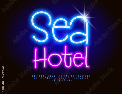 Vector Glowing template Sea Hotel. Blue Neon Font. Led Illuminated Alphabet Letters and Numbers set.