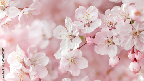 Close up of beautiful pink cherry blossom blooming on branches in spring with delicate flowers and petals in a natural garden setting, a soft pink floral blurred background.
