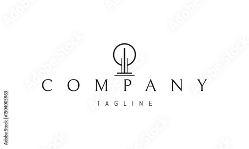 Vector logo with an abstract image of a strict tower against the background of the sun.