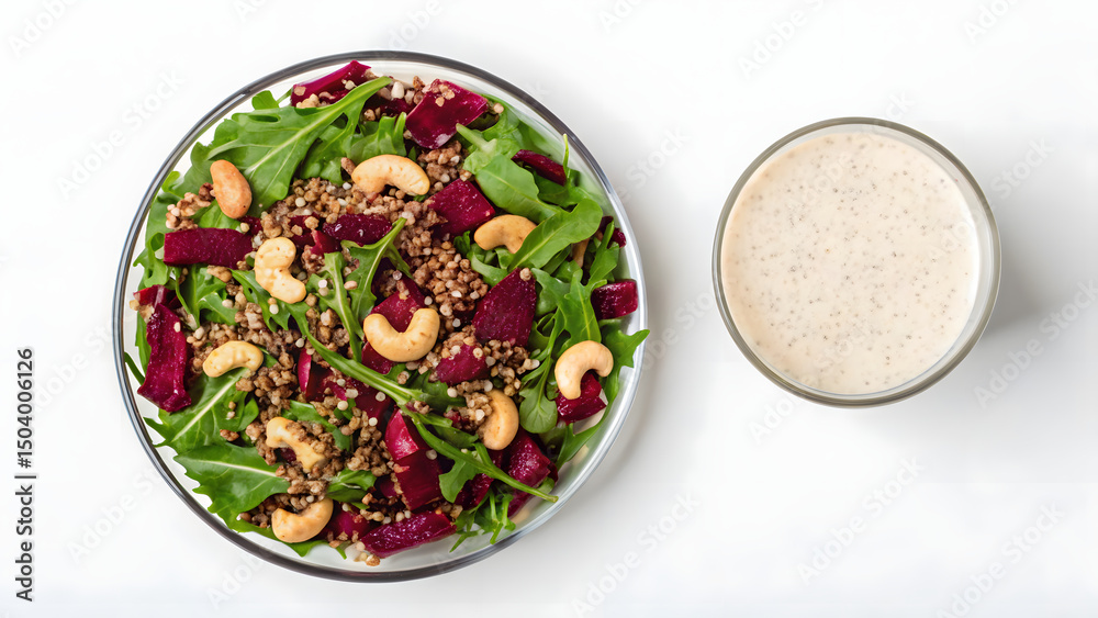 Healthy plate of fresh salad with beetroot and cashews for heart health served with nutritious smoothie Healthy plate of fresh salad with beetroot and cashews for heart health served with nutritious smoothie