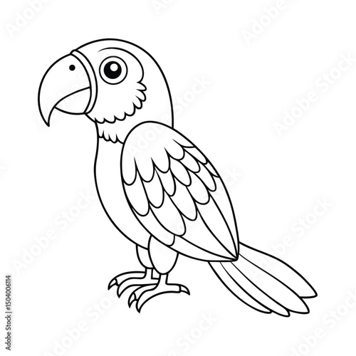 Outline parrot stands facing left, featuring detailed feathers and a strong, curved beak