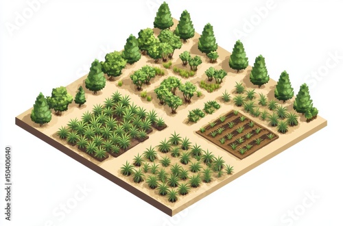 Isometric map of cannabis farm plots by strain,