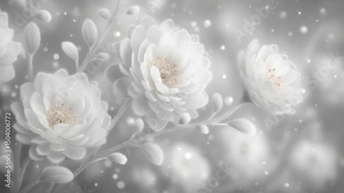 Elegant Monochrome Flowers  Soft White Blooms  Delicate Petals   Grey Background  Nature P