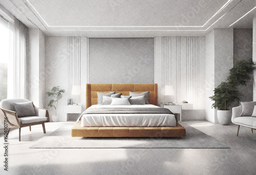 Disegno. Interno casa. Camera da letto matrimoniale elegante e moderna.